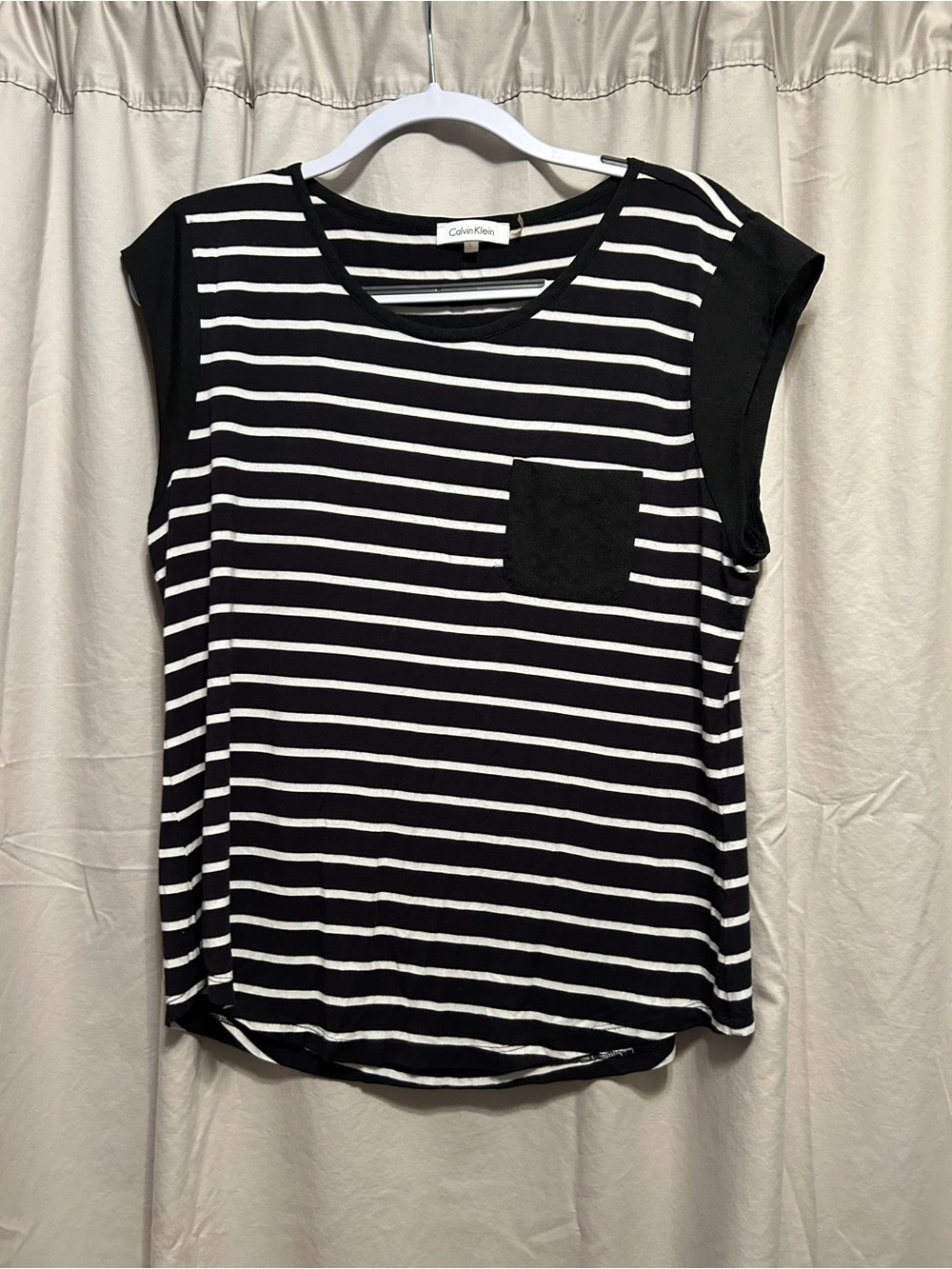 Calvin Klein Black and White Striped Pocket Tank